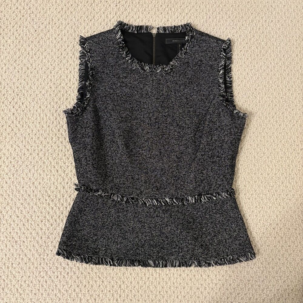 BCBGMAXAZRIA Womens Tweed Sleeveless Top M Gray Frayed Edge Black Peplum Blouse